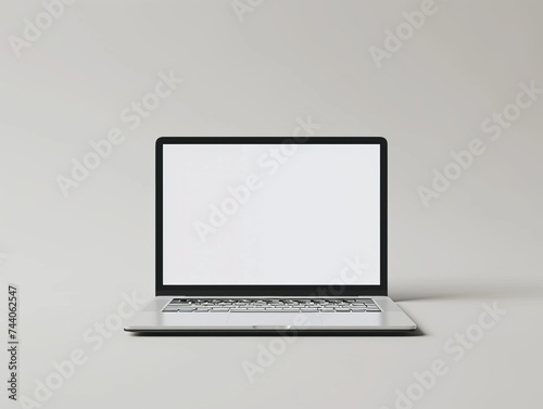 Realistic 3d mockup of a blank laptop in a grey room. Design material, laptop with a blank screen, promotional content, laptop for template needs. Created with Generative AI.