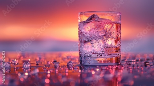  a close up of a glass of water with ice cubes on a table in front of a blurry background of water droplets and a pink and purple sky.