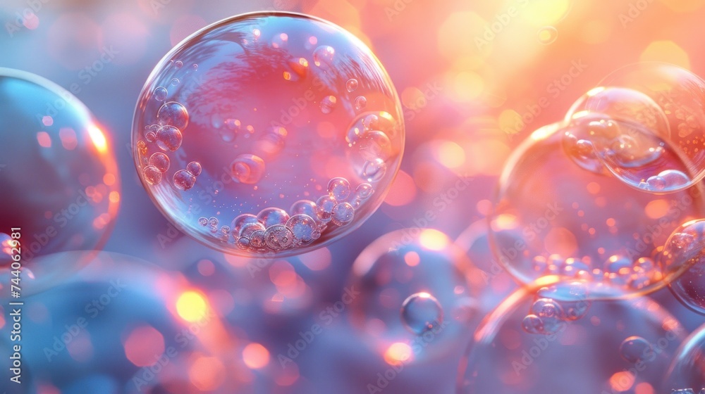 a group of bubbles floating on top of a blue and pink surface with a bright light in the middle of the picture and a blurry background of the bubbles. a group of bubbles floating on top of a blue and pink surface with a bright light in the middle of the picture and a blurry background of the bubbles.