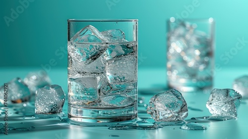  a glass filled with ice sitting on top of a table next to a couple of glasses with ice cubes on the side of the glass and ice cubes next to the glass.