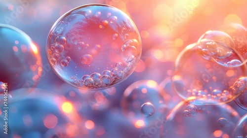 a group of bubbles floating on top of a blue and pink surface with a bright light in the middle of the picture and a blurry background of the bubbles.