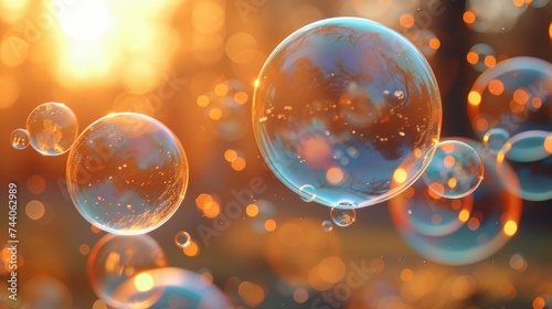  a bunch of bubbles floating in the air with the sun shining in the back ground and blurry in the foreground, with a blurry background of blurry boke.