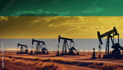 Oil production in the Gabon. Oil platform on the background of the Gabon flag. Gabon flag and oil rig. Gabon fuel market.