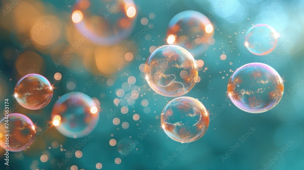  soap bubbles floating in the air on a blue and green background with boke of light coming from the top and bottom of the bubbles on the bottom of the bubbles.