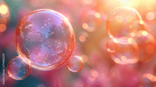  a group of bubbles floating on top of a blue and pink surface with a bright light in the middle of the bubbles and a blurry background of the bubbles.