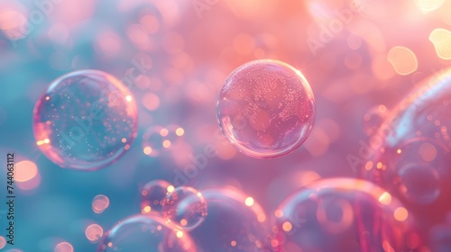 a group of bubbles floating on top of a blue and pink background with a blurry image of a bunch of bubbles floating on top of blue and pink bubbles.