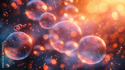  a bunch of soap bubbles floating on top of a blue and yellow background with a lot of bubbles floating on top of a blue and yellow and orange blurry background.