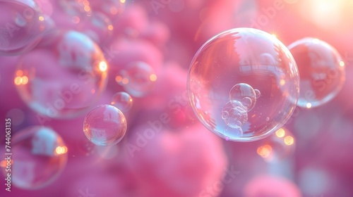  a bunch of soap bubbles with a teddy bear in the middle of them, floating in the air, with the sun shining through the bubbles on the top of the bubbles.