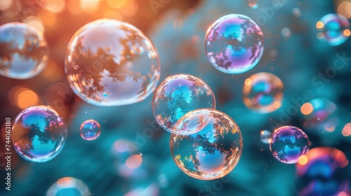  a group of soap bubbles floating on top of a blue and green background with a blurry image of a tree in the middle of the bubbles in the foreground.
