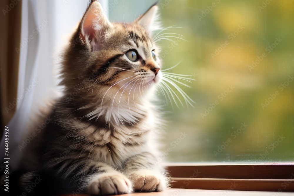 Naklejka premium cute domestic kitten sits at window staring outside