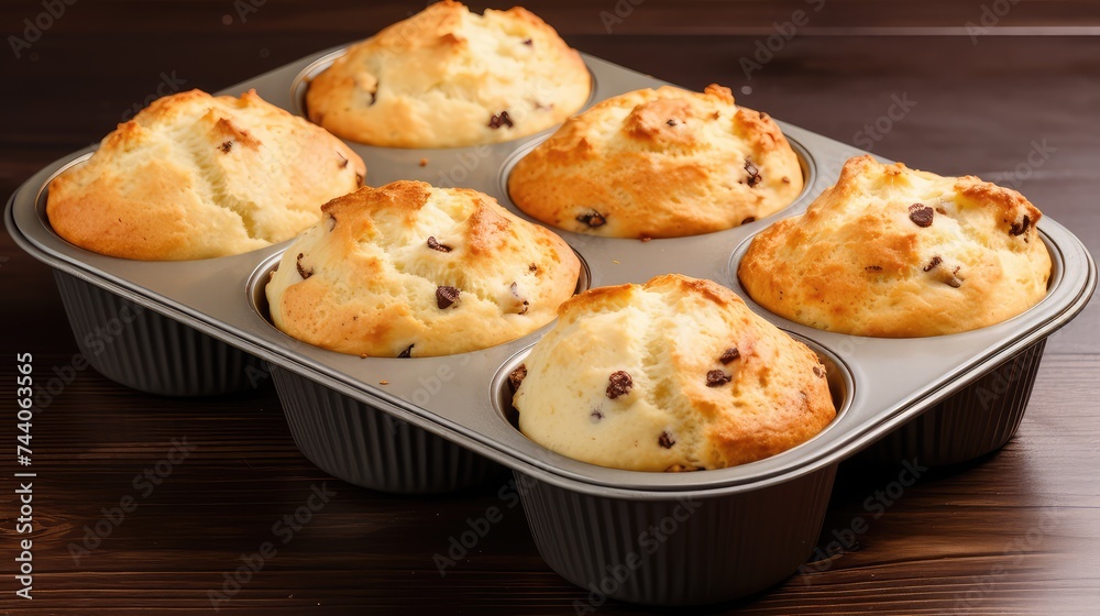 create a High Quality macro Freshly Baked Muffins in Metal Tray, on white background create a High Quality macro Freshly Baked Muffins in Metal Tray, on white background