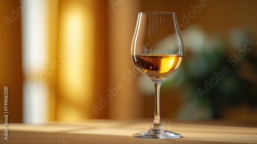  a close up of a wine glass on a table with a blurry wall in the background and a vase in the foreground with flowers in the foreground.
