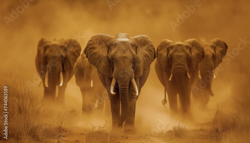 Huge Elephants animals herd running at camera crossing African dusty savanna. Call of Nature - the Great Mammal 's Migration. Beauty in Nature, power of wild animals and Eco concept image.