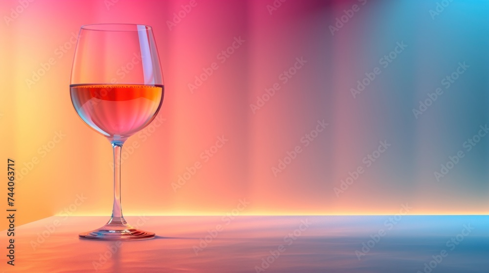 a glass of wine sitting on a table in front of a multicolored background with a small drop of liquid in the middle of the glass and a drop of liquid in the middle of the glass.