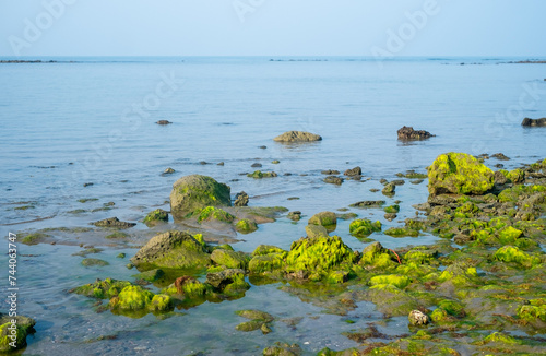 Landscape scene of a sea beach having rocks