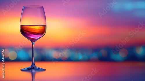  a close up of a wine glass on a table with a blurry city in the backgrounnd of the image and a sunset in the backgroud.