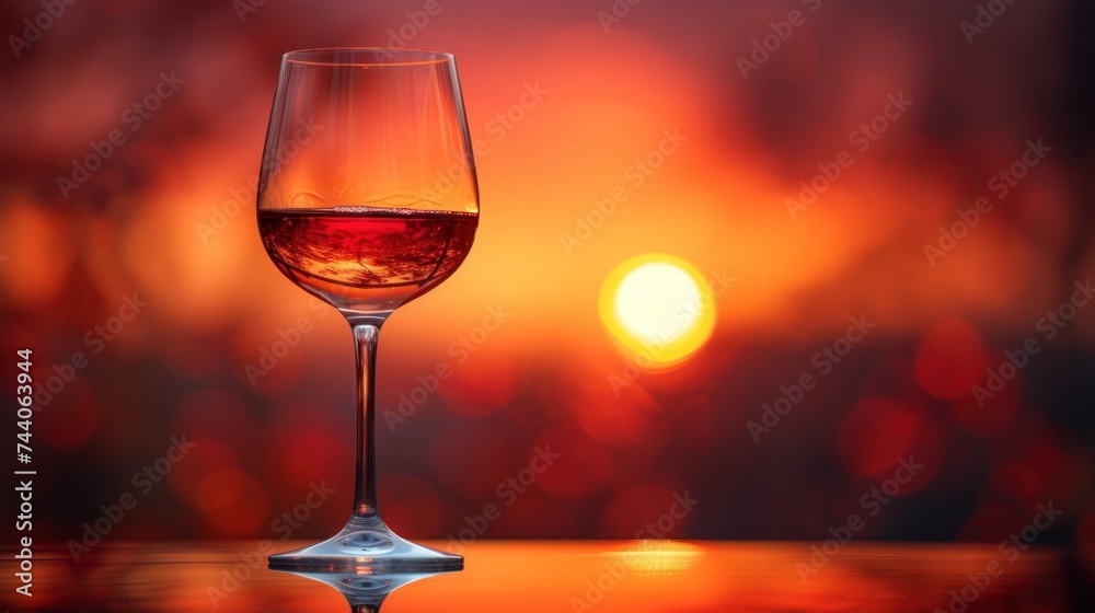 a glass of wine sitting on a table in front of a setting sun with a blurry image of the setting sun in the back ground behind the wine glass. a glass of wine sitting on a table in front of a setting sun with a blurry image of the setting sun in the back ground behind the wine glass.
