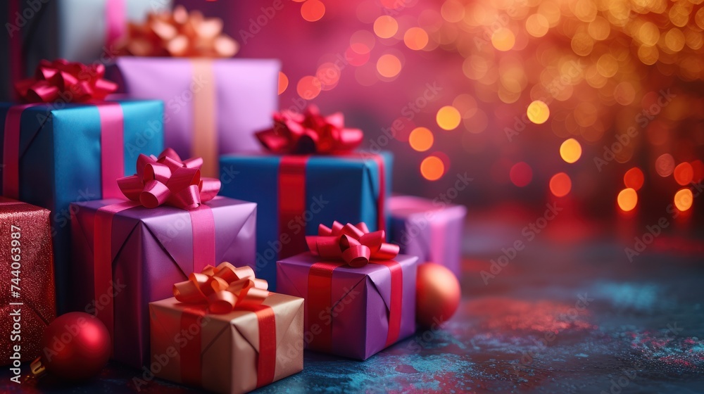  a group of colorful wrapped presents sitting on top of a table next to a red ornament and a red ornament on top of a red ornament.