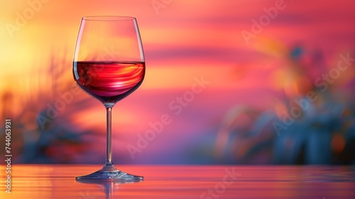  a glass of wine sitting on top of a table next to a vase with a plant in the middle of the glass and a red liquid in the middle of the glass.