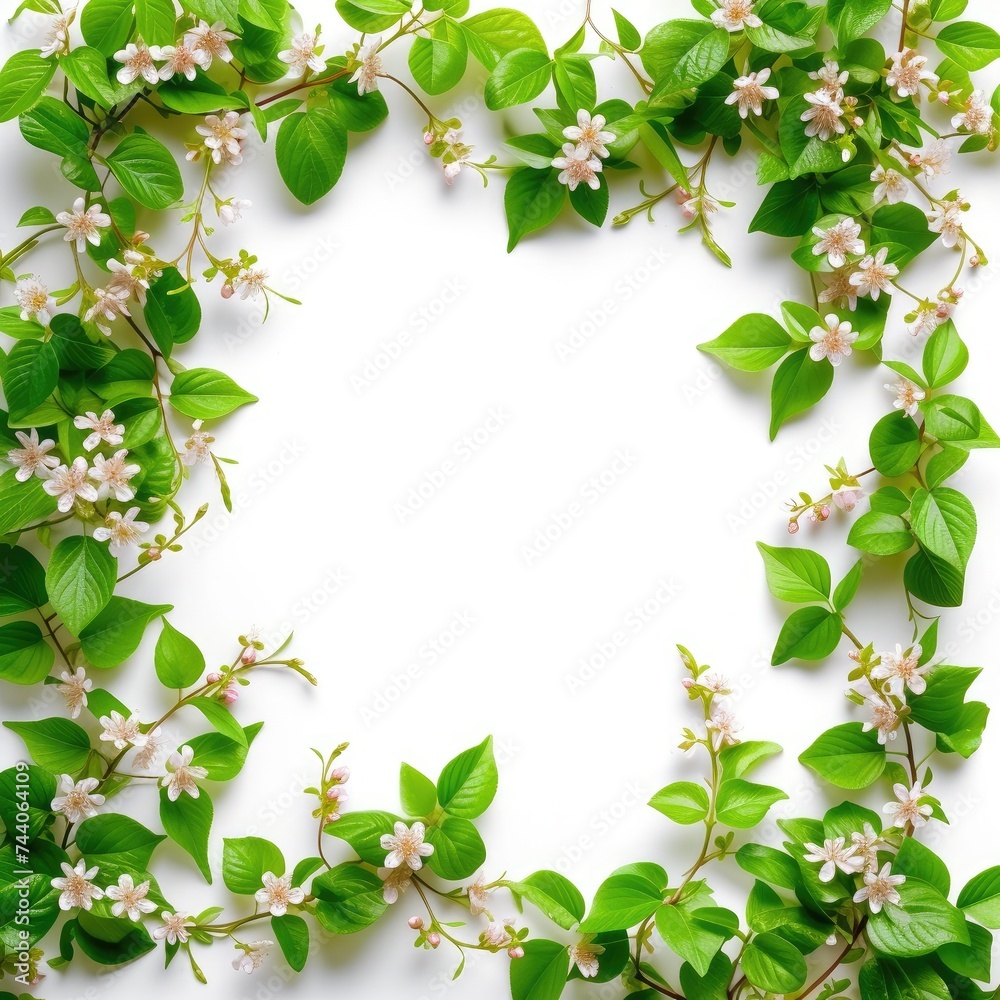 green leaves on white background, copy space