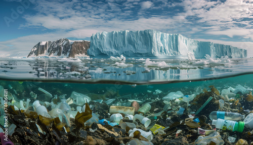 Beautiful underwater landscape cold Antarctic sea waters, icebergs with plastic bottles, bags waste. Beauty in Nature, ocean, Marine pollution, Plastic pollution and NO PLASTIC Ecology concept image