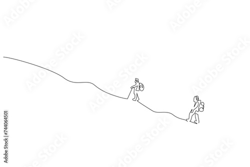 two people nature backpack hill mountain hiking climb walking lifestyle one line art design