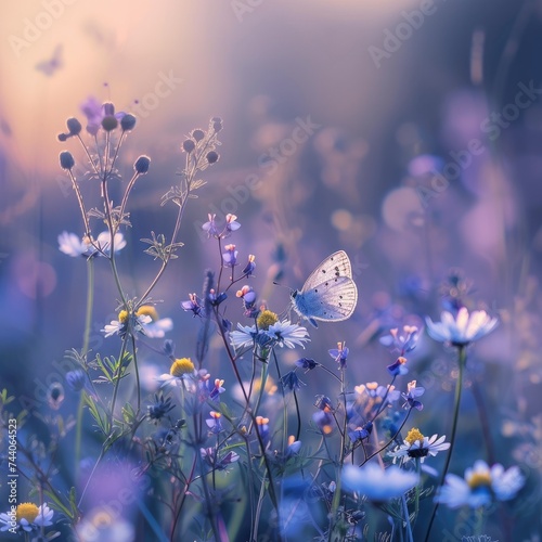 Beautiful wildflowers chamomile, purple wild pea, morning mist butterfly in nature close-up macro. © Tnzal