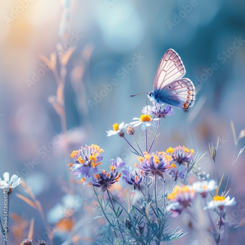 Beautiful wildflowers chamomile, purple wild pea, morning mist butterfly in nature close-up macro.