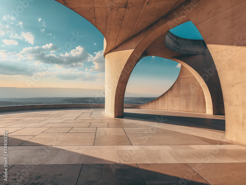 A minimalistic architectural design with clean lines, concrete walls, and open space, under a clear sky.