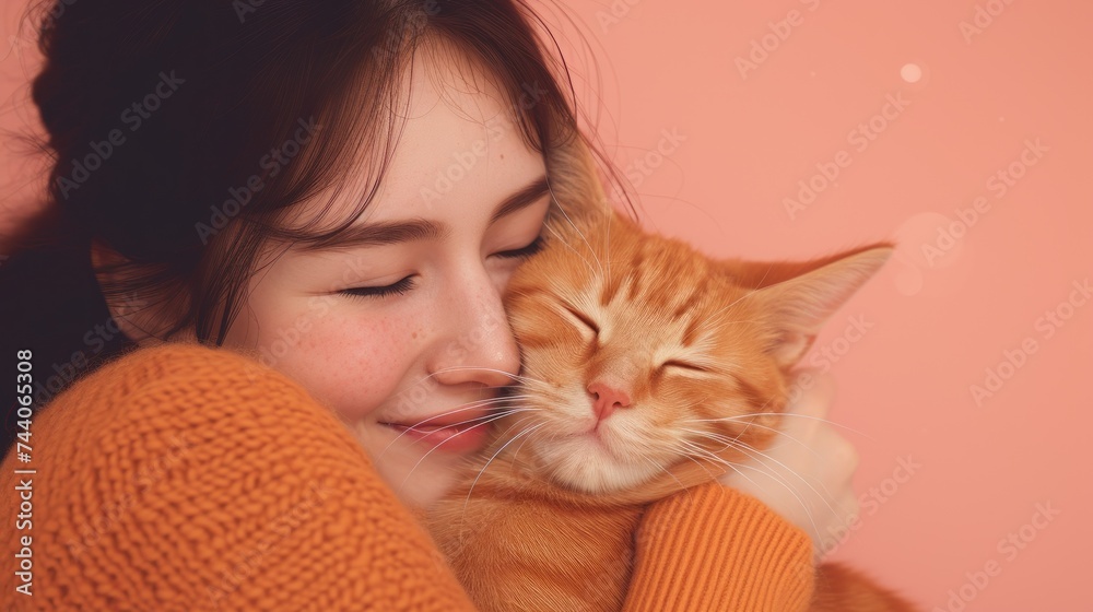 a close up of a woman holding a cat with her eyes closed and her head resting on the arm of a cat that's laying on a woman's chest. a close up of a woman holding a cat with her eyes closed and her head resting on the arm of a cat that's laying on a woman's chest.