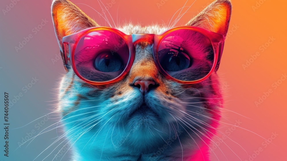 a close up of a cat wearing a pair of pink and orange sunglasses on top of it's head, with a pink and orange background behind it is a pink and blue background. a close up of a cat wearing a pair of pink and orange sunglasses on top of it's head, with a pink and orange background behind it is a pink and blue background.