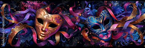 Festive Mardi Gras, colorful carnival masks with ribbons on a black background with copy space, in the style of abstracted floral forms, dark purple, gold and dark azure