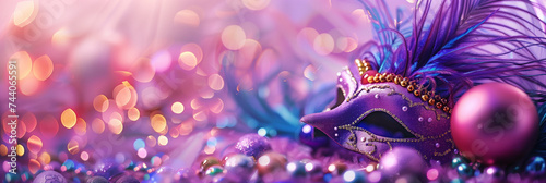 Luxurious purple Mardi Gras mask with ornate golden details and vibrant feathers against a sparkling bokeh background, festive carnival celebration and masquerade theme
