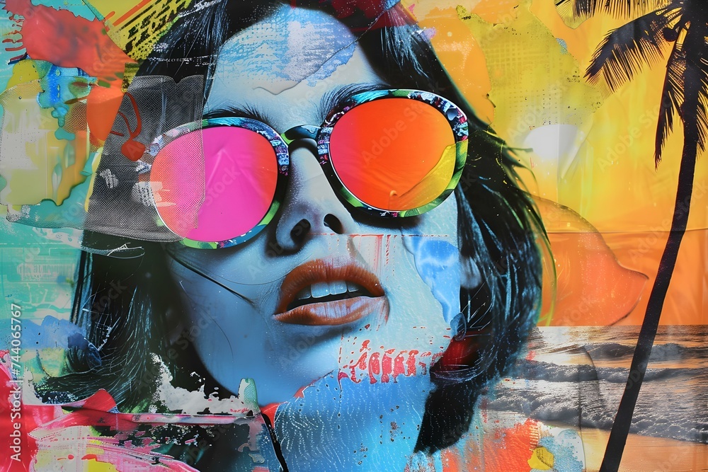 Embracing Beachy Vibes: A Girl in Colorful Sunglasses in a Vibrant Pop Art Collage. Concept Beach Photoshoot, Colorful Sunglasses, Pop Art, Vibrant Collage, Girl Portrait