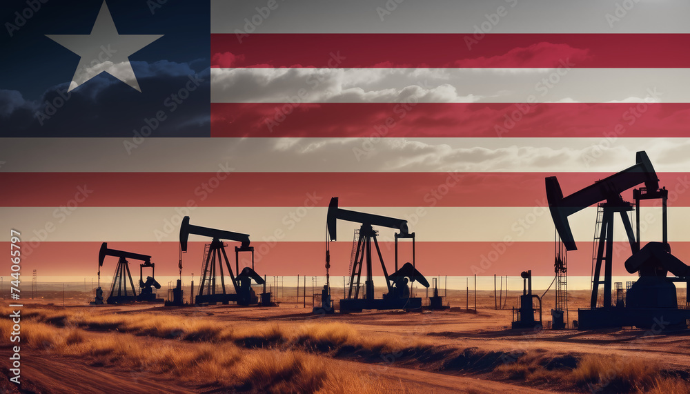 Fototapeta premium Oil production in the Liberia. Oil platform on the background of the Liberia flag. Liberia flag and oil rig. Liberia fuel market.
