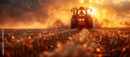 A rugged tractor traverses the vast expanse of a golden field, its powerful wheels kicking up dust as it dominates the open sky above photo