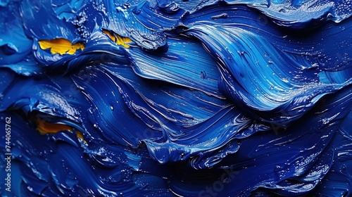  a close up of a blue and yellow painting with drops of water on the paint and a gold fish on the bottom of the paint and bottom of the painting.