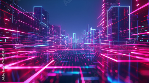 Digital landscape, neon grid over a dark background, reminiscent of retro-futurism, perfect for a computer-themed wallpaper