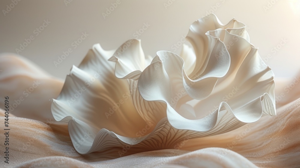 a white flower sitting on top of a bed next to a light brown blanket on top of a wooden headboard with a light shining on the top of it. a white flower sitting on top of a bed next to a light brown blanket on top of a wooden headboard with a light shining on the top of it.