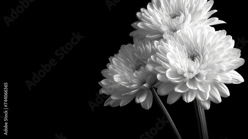  a black and white photo of three white chrysanthems in a vase on a black background, with a bee on top of the chrysanthemanthemanthemanthemanthemanthem. photo