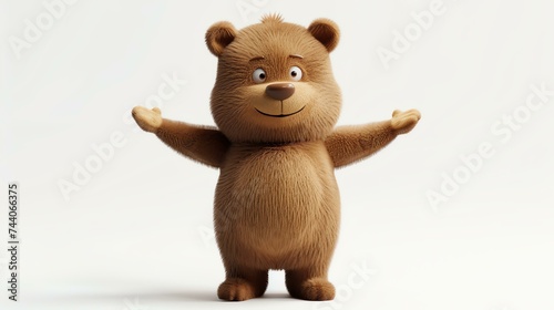 3D rendering of a cute and friendly cartoon bear character with brown fur, looking happy and excited with its arms outstretched in a welcoming gesture