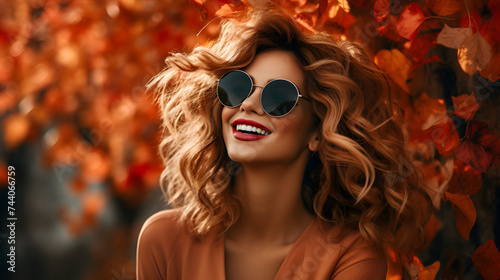 a beautiful woman wearing sunglasses next to trees with fall foliage