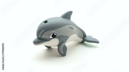 Cute and friendly gray and white dolphin toy on a white background. The dolphin has a smiling face and is looking up.