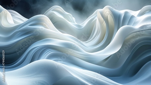  a computer generated image of a wave of white fabric in a dark, foggy, foggy, and foggy sky, with a black and white cloud filled sky in the background.