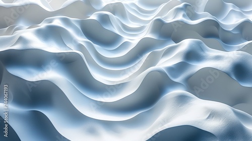  a computer generated image of a wave of blue and white snow on a gray background with a white light at the top of the wave and bottom of the image.