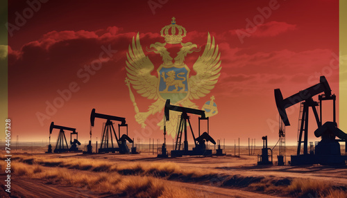 Oil production in the Montenegro. Oil platform on the background of the Montenegro flag. Montenegro flag and oil rig. Montenegro fuel market.