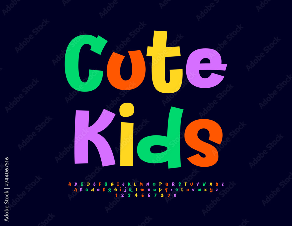 Vector colorful emblem Cute Kids. Funny Bright Font. Creative Alphabet Letters and Numbers set.