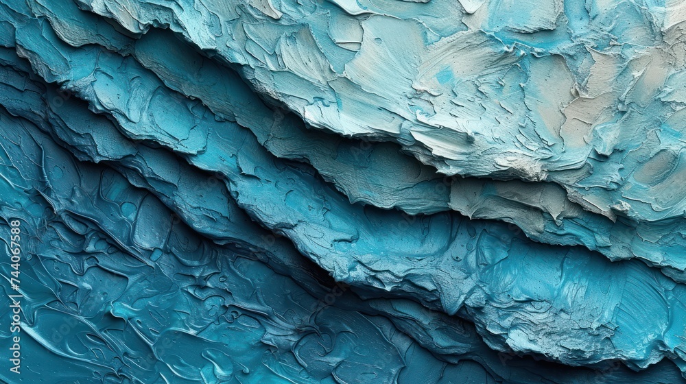 a close up of a blue and white wall with a large wave of blue paint on it's side and the top part of the wall painted blue and the other part of the wall. a close up of a blue and white wall with a large wave of blue paint on it's side and the top part of the wall painted blue and the other part of the wall.