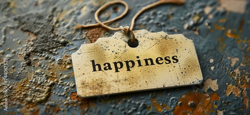 happiness tag on a rustic wooden surface, optimistic concept