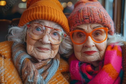 Two women adorned in orange hats and scarves, their faces weathered with wrinkles, donning glasses, exude warmth and coziness in their indoor setting